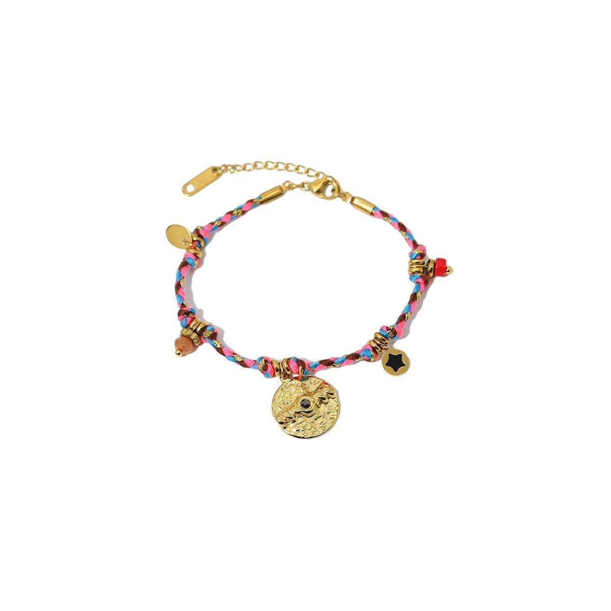 Boho Bracelet Set Women Natural Stone Woven Retro Style Adjustable Layered - Pink