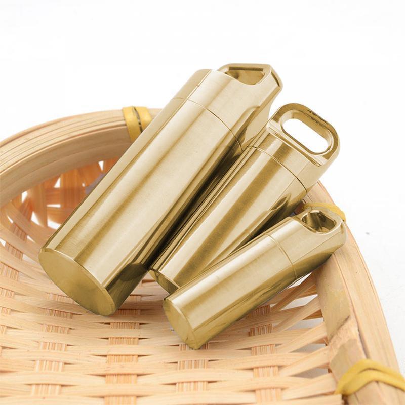 Waterproof Pill Box Case Bottle Brass Container Keyring Medicine Capsule Holder - L