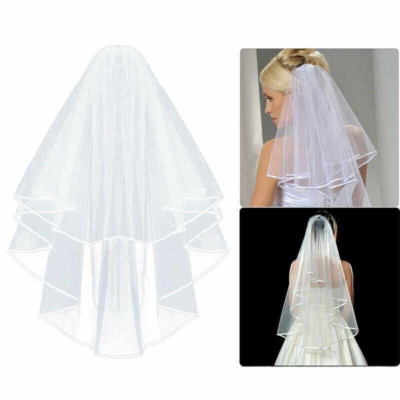 Bridal 2 Layer Wedding Veil with Comb Satin Edge Short Tulle for Women White Ivory - Beige