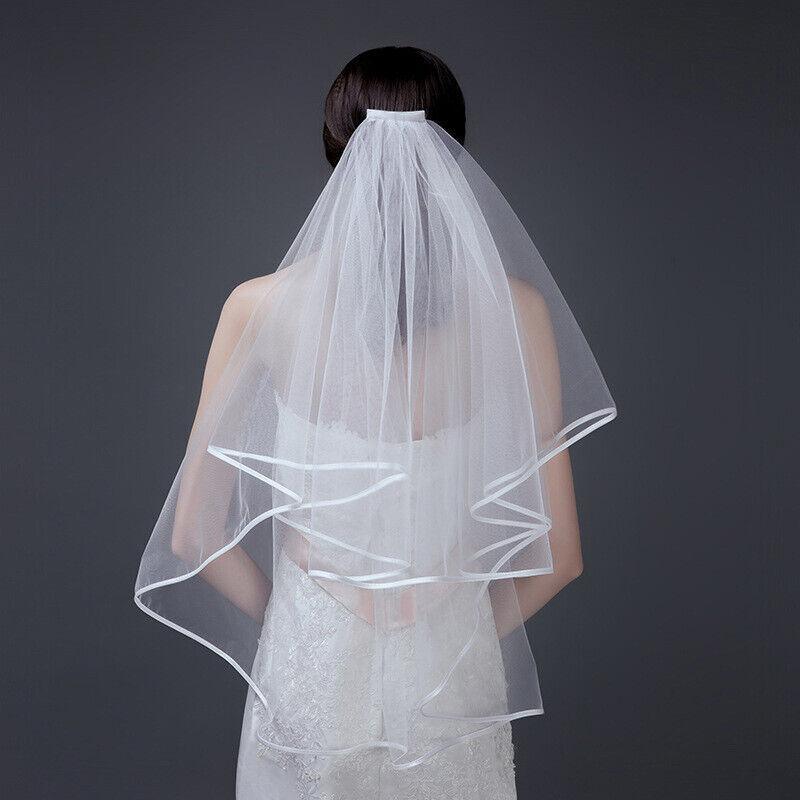 Bridal 2 Layer Wedding Veil with Comb Satin Edge Short Tulle for Women White Ivory - White