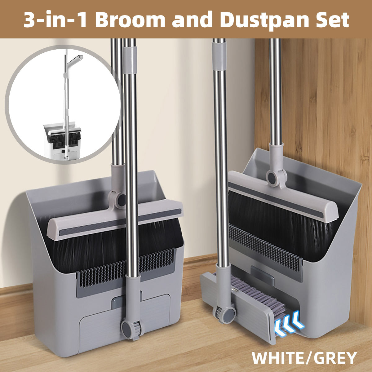 3 in1 Broom Set for Winnowing Brushing Handheld Cleaning Tool Home Kitchen Floor - Grey