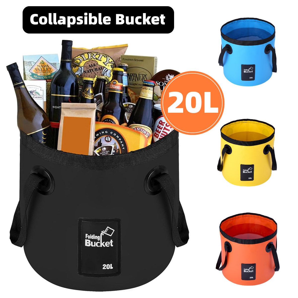 20L Portable Folding Bucket Water Container Camping Hiking Fishing Water Storage - Orange