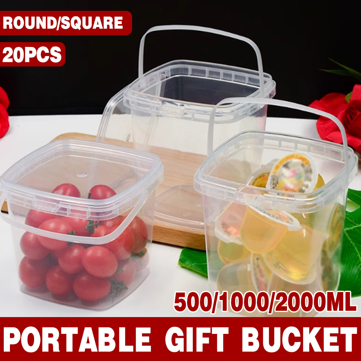 20pcs Plastic Round Bucket with Lid Transparent Portable Storage Gift Container - Round 1000ml