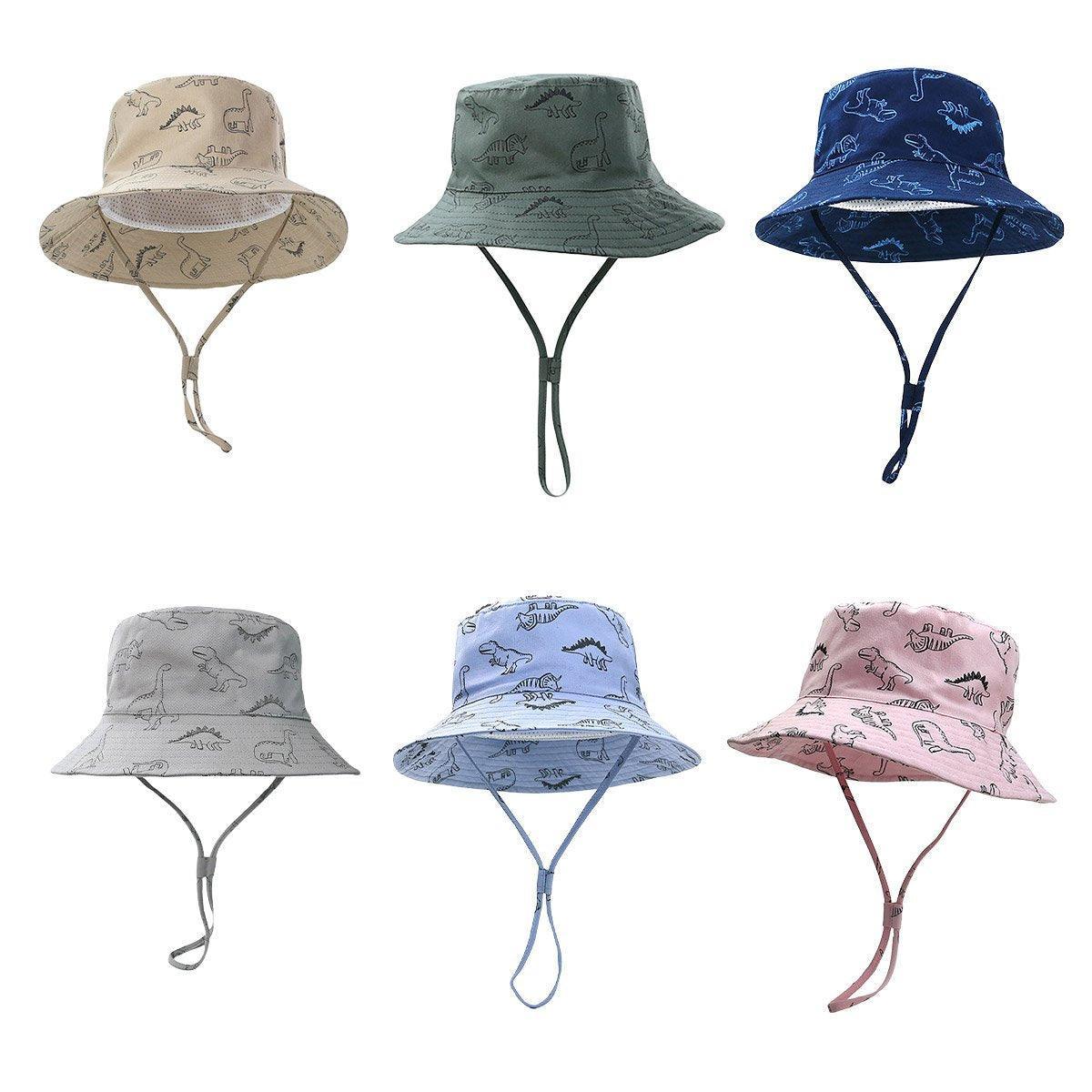 Cartoon Dinosaur Bucket Hat with Wide Brim for Summer Sun Protection - Khaki
