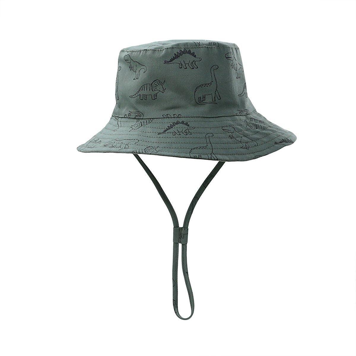 Cartoon Dinosaur Bucket Hat with Wide Brim for Summer Sun Protection - Khaki