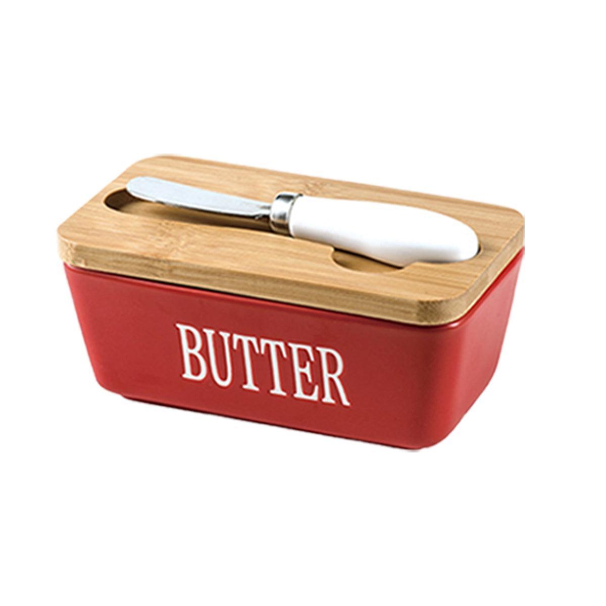 Butter Box with Knife Rectangular Cheese Container with Wooden Lid for Kitchen - Black