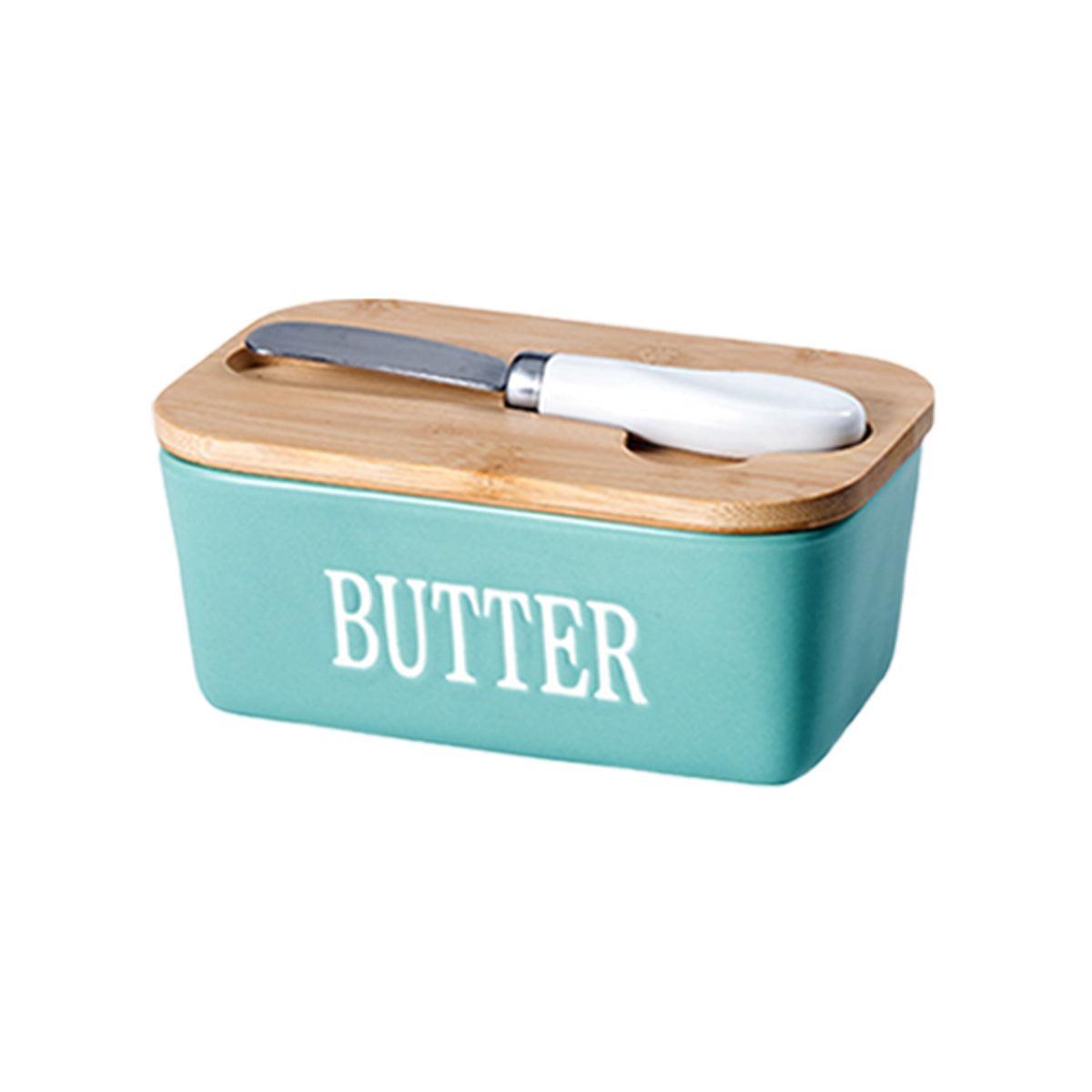 Butter Box with Knife Rectangular Cheese Container with Wooden Lid for Kitchen - Red