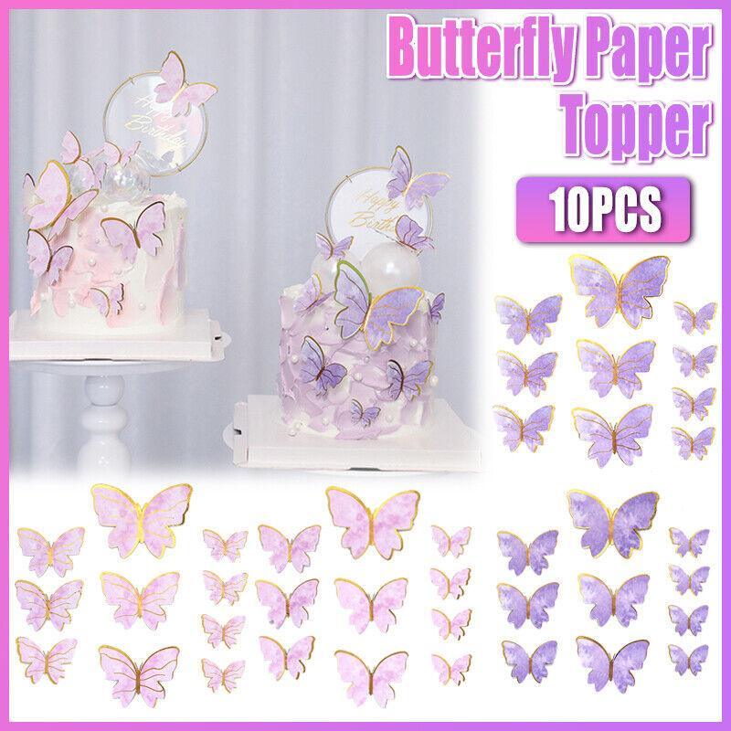 10Pcs Butterfly Paper Toppers Happy Birthday Cake &amp; Festival Theme Decor - Pink Phnom Penh