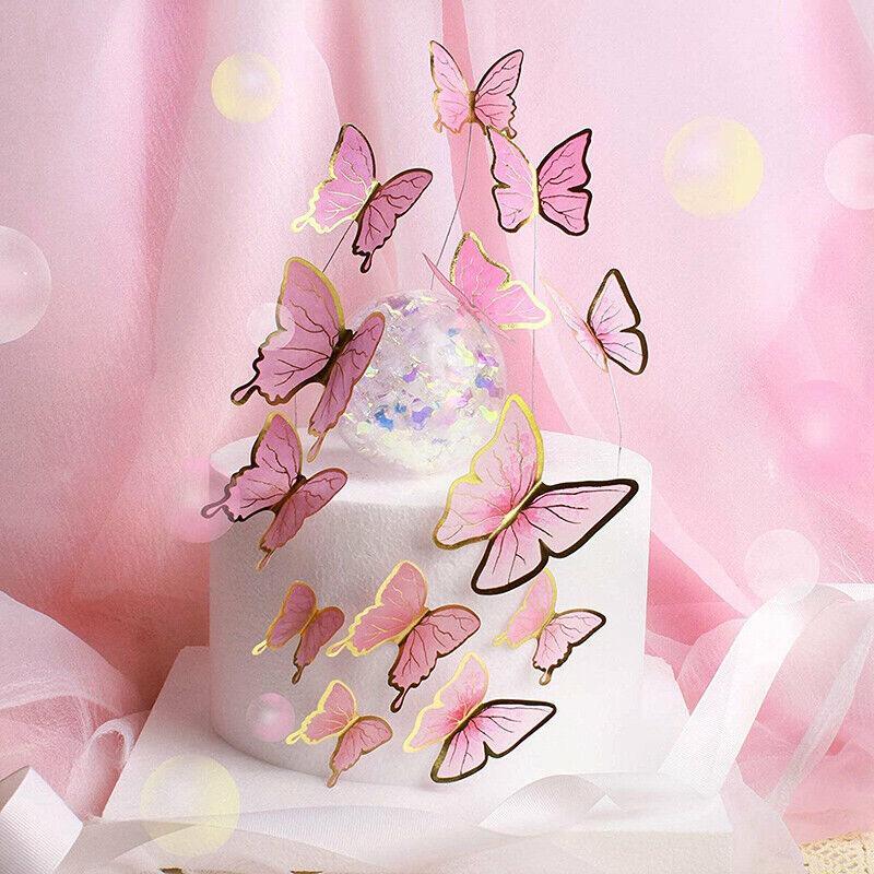 10Pcs Butterfly Paper Toppers Happy Birthday Cake & Festival Theme Decor - Pink Phnom Penh