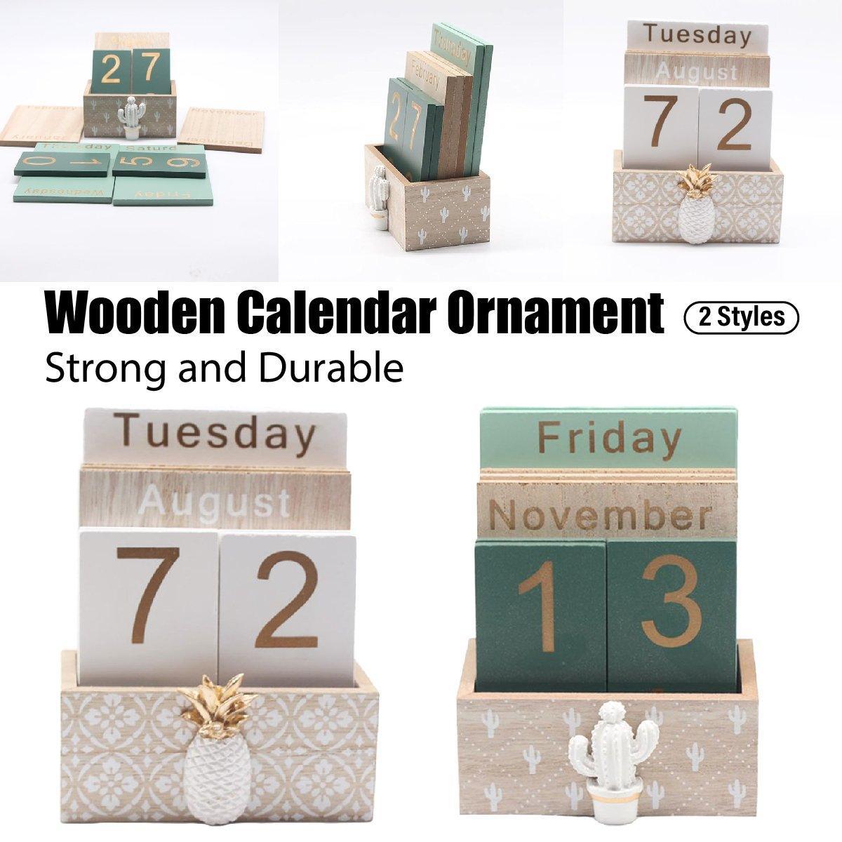 Rustic Wooden Perpetual Desk Calendar DIY Block Calendar Office Desktop Decor - Cactus