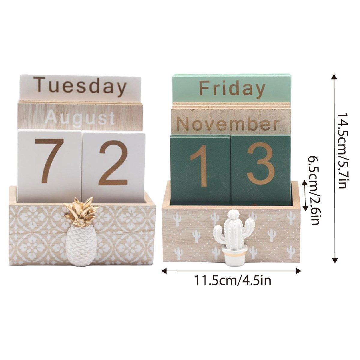 Rustic Wooden Perpetual Desk Calendar DIY Block Calendar Office Desktop Decor - Cactus