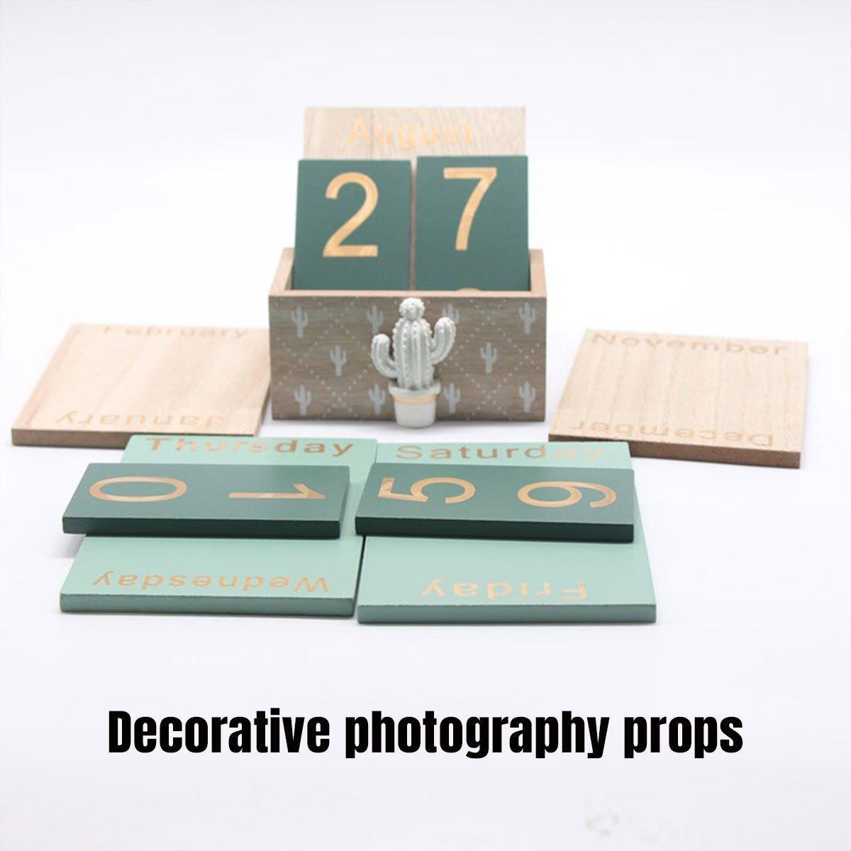 Rustic Wooden Perpetual Desk Calendar DIY Block Calendar Office Desktop Decor - Cactus
