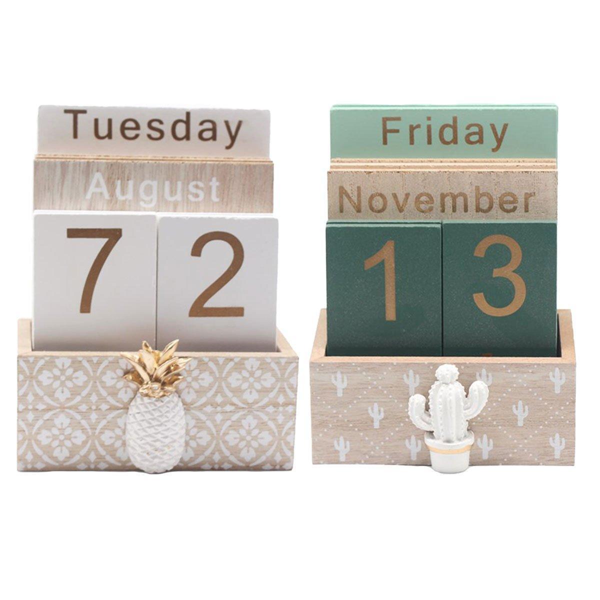 Rustic Wooden Perpetual Desk Calendar DIY Block Calendar Office Desktop Decor - Pineapple