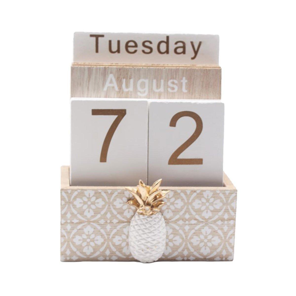 Rustic Wooden Perpetual Desk Calendar DIY Block Calendar Office Desktop Decor - Pineapple