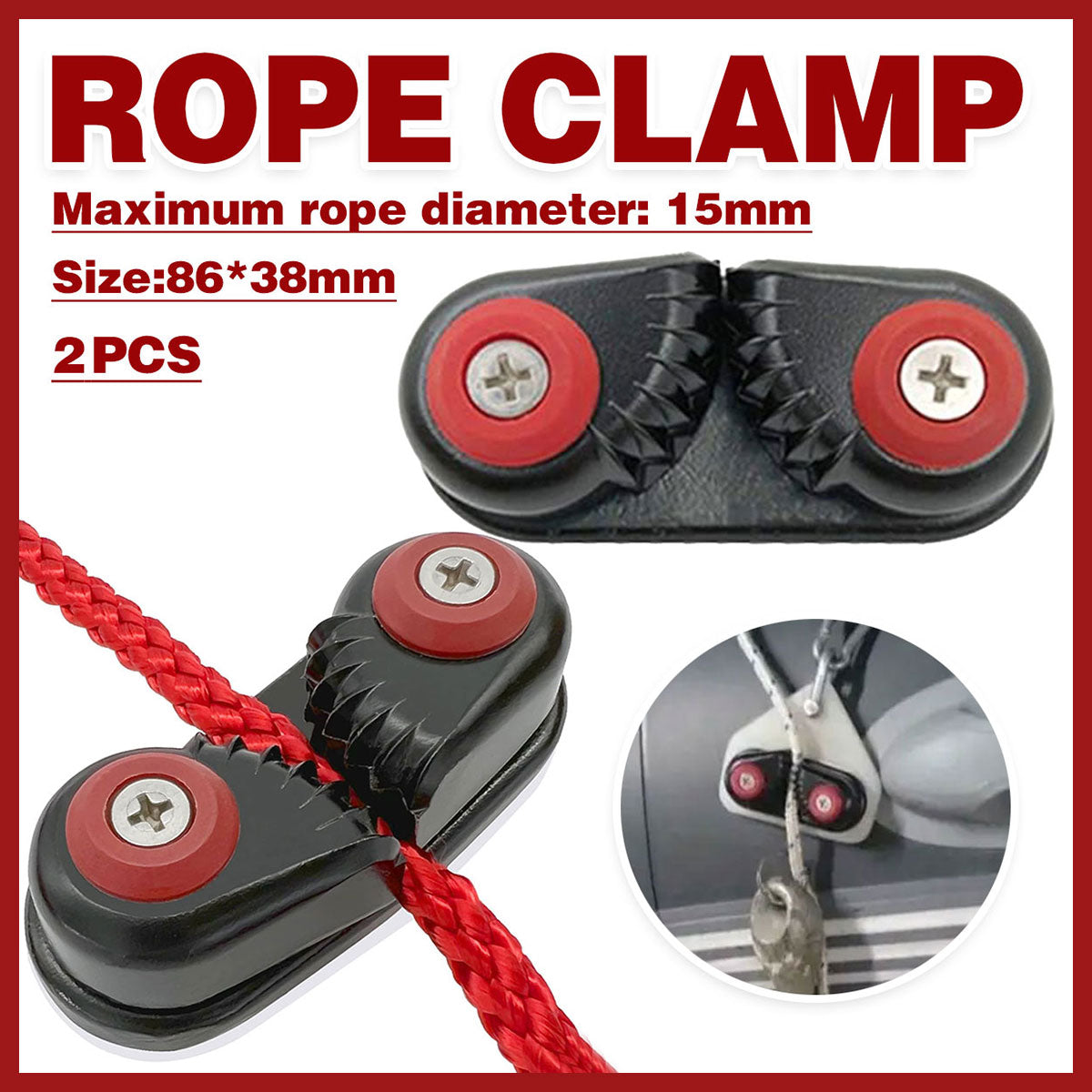 Rope Clamp Set 2PCS Aluminum Alloy Black Clip Plate Sailboat Kayak Canoe Outdoor