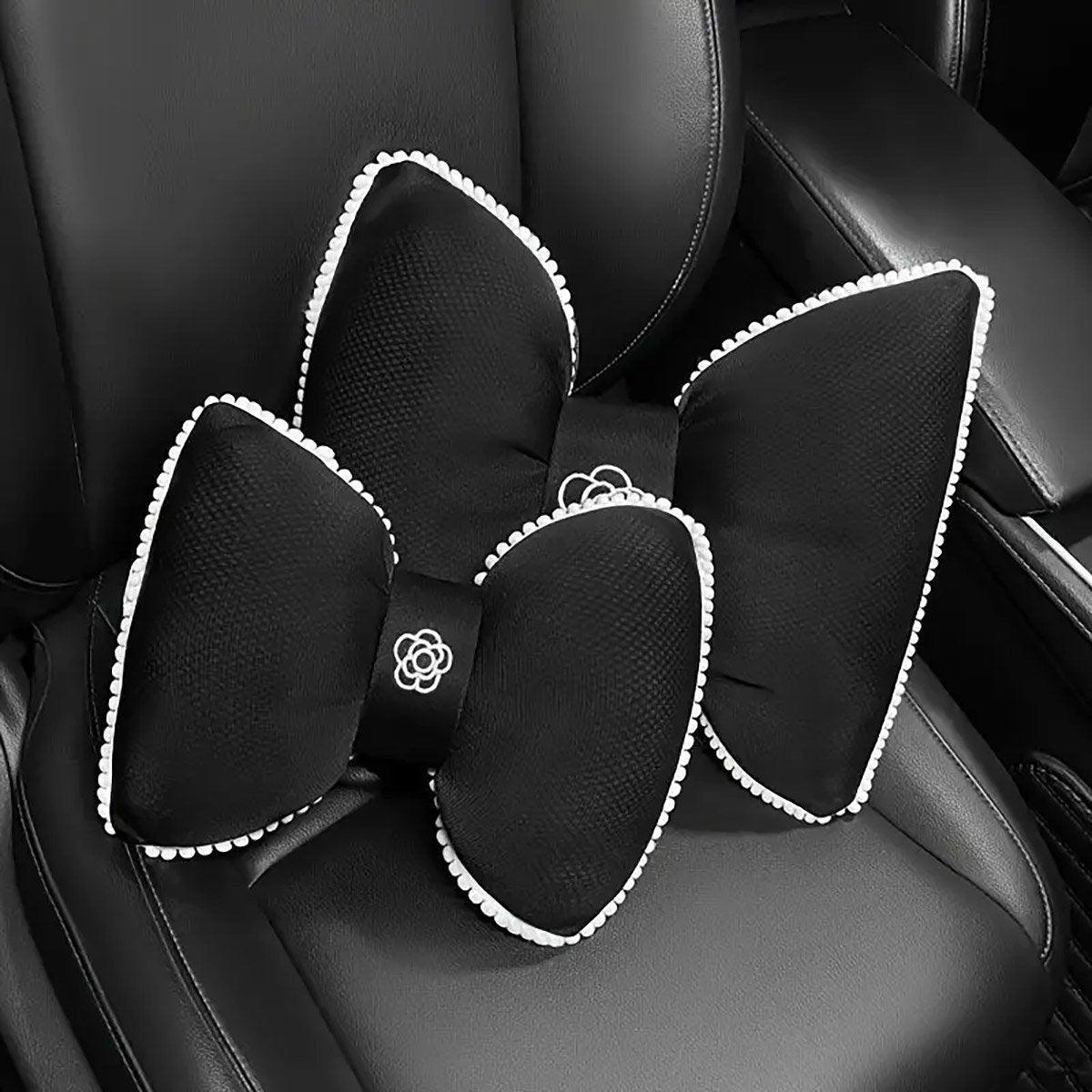Black Bowknot Neck Pillow Plush Bow Tie Soft Plush Car Headrest Waist Support - Headrest