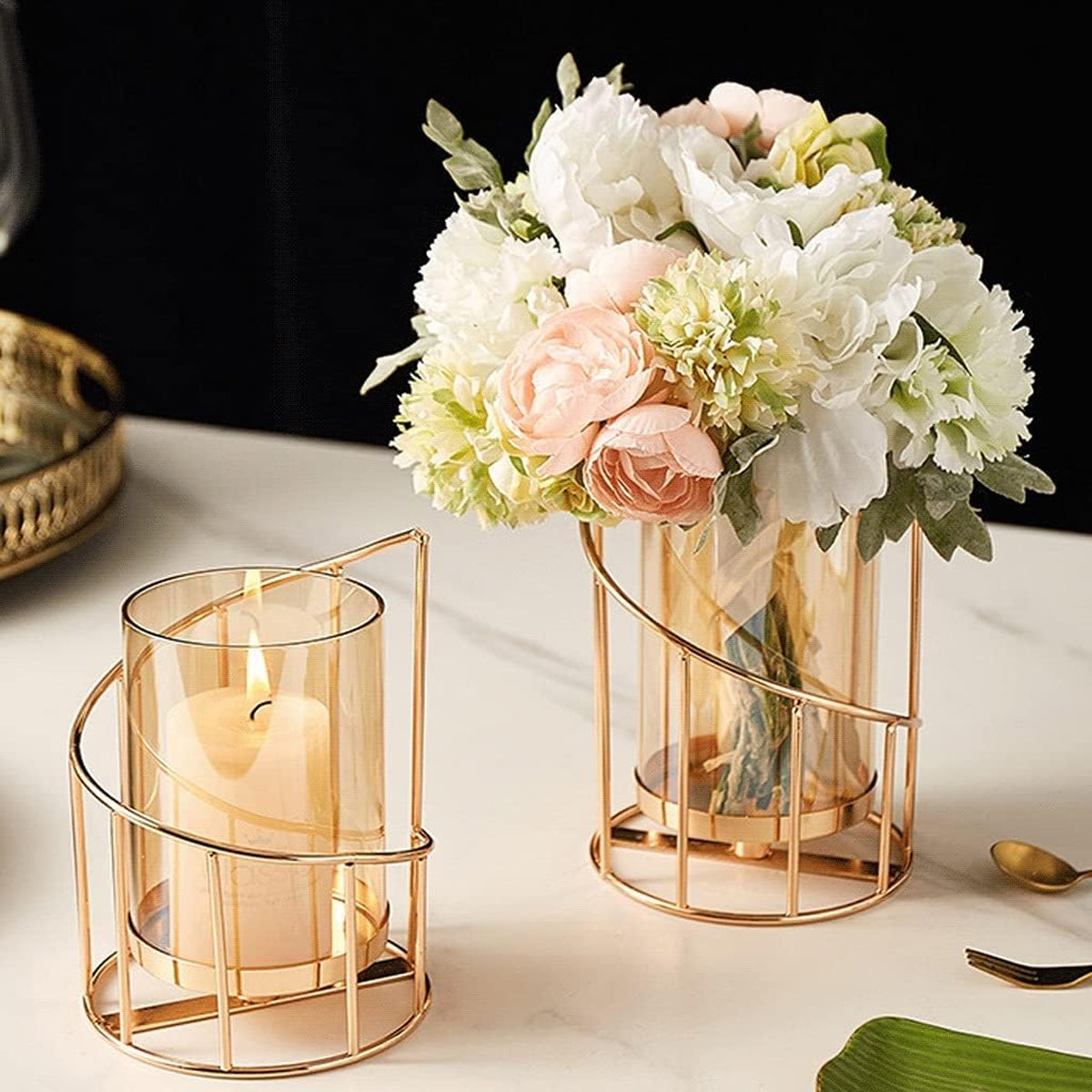 Wrought Iron Candle Holder Romantic Candlestick Ornament Dinner Table Decor Prop - L