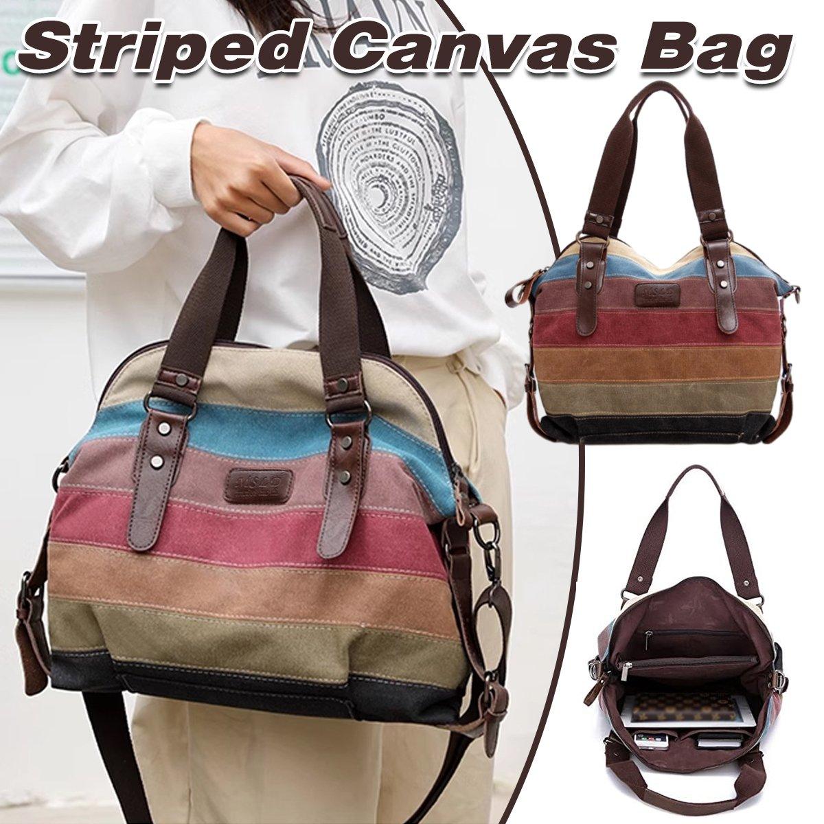 Rainbow Stripe Canvas Bag Patchwork Tote Bag Fashion Handbag Women Shoulder Bag