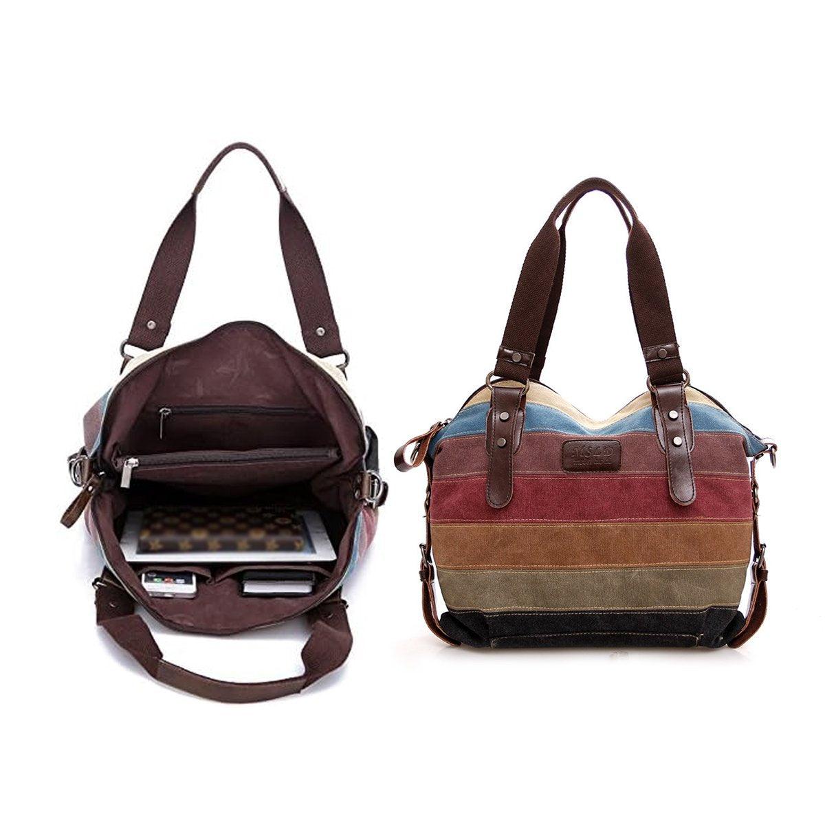 Rainbow Stripe Canvas Bag Patchwork Tote Bag Fashion Handbag Women Shoulder Bag