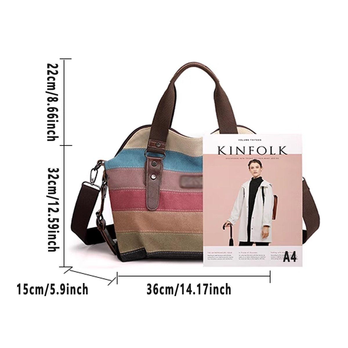 Rainbow Stripe Canvas Bag Patchwork Tote Bag Fashion Handbag Women Shoulder Bag