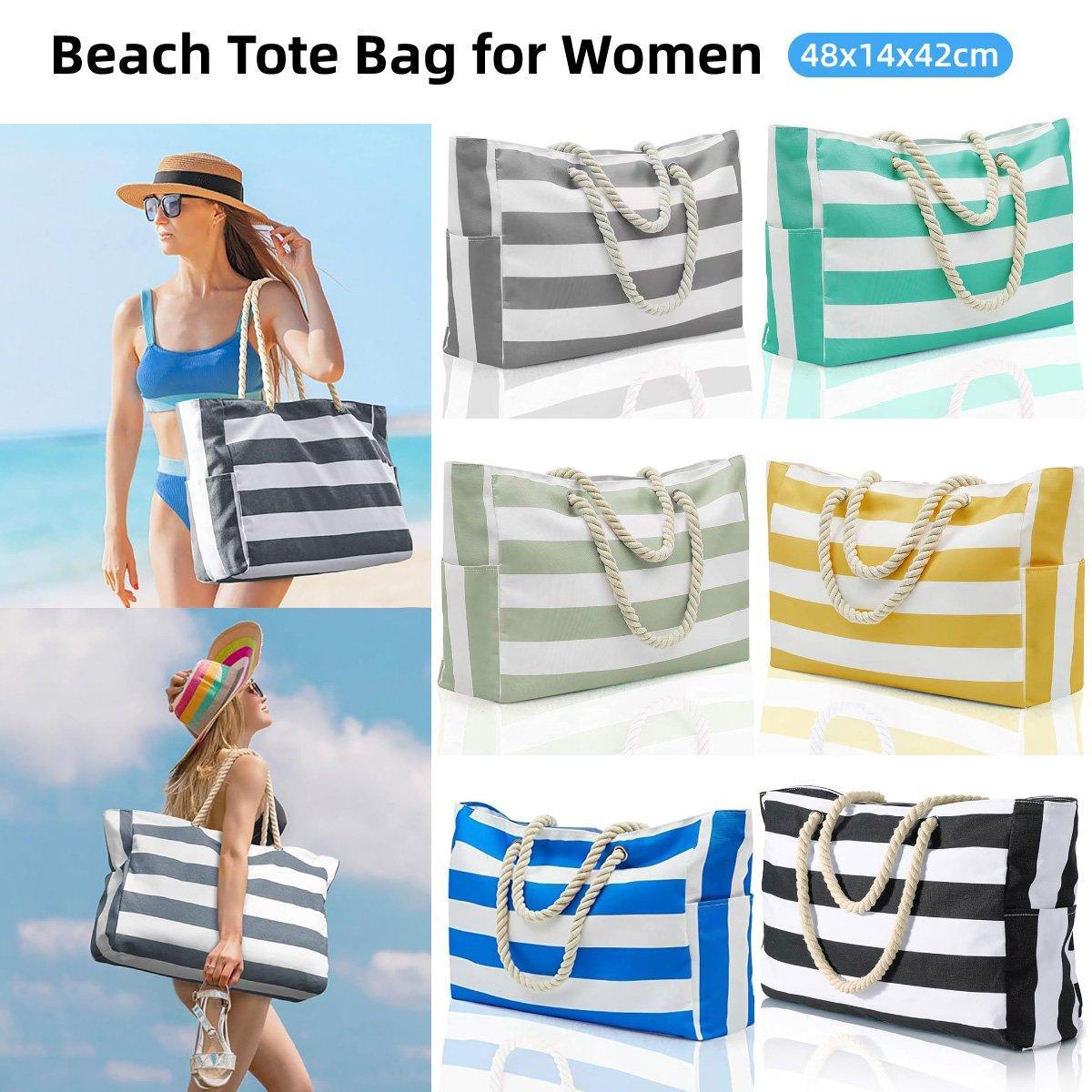 Large Bohemian Striped Canvas Beach Bag Zipper Tote for Travel Outdoor Vacation - Blue