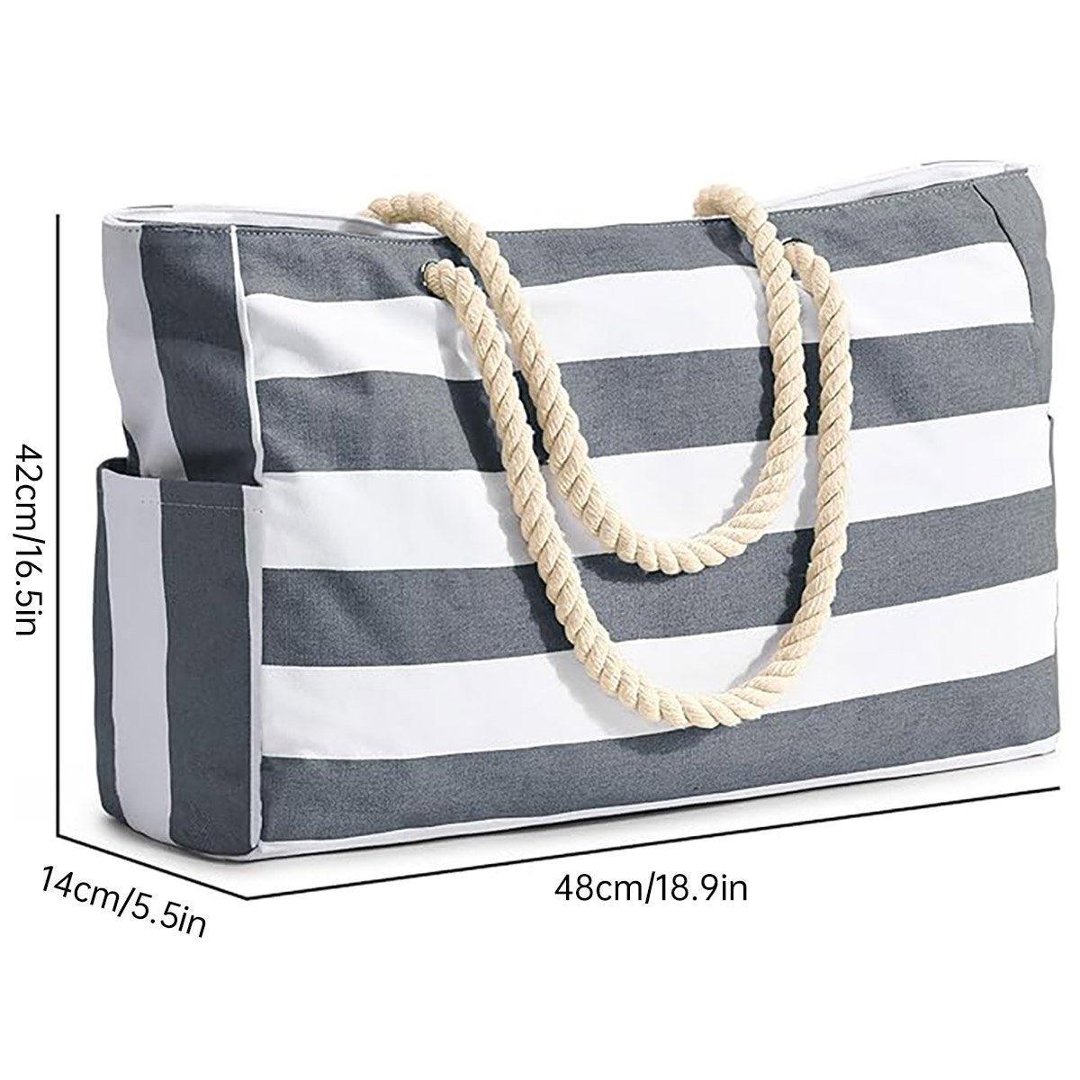 Large Bohemian Striped Canvas Beach Bag Zipper Tote for Travel Outdoor Vacation - Blue