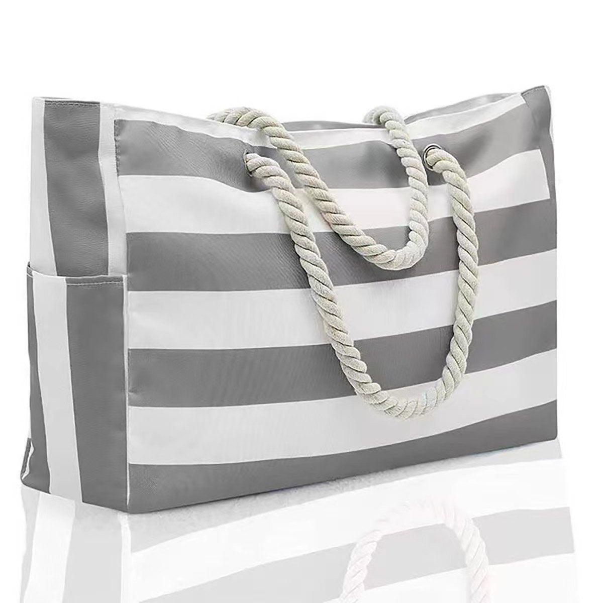 Large Bohemian Striped Canvas Beach Bag Zipper Tote for Travel Outdoor Vacation - Blue