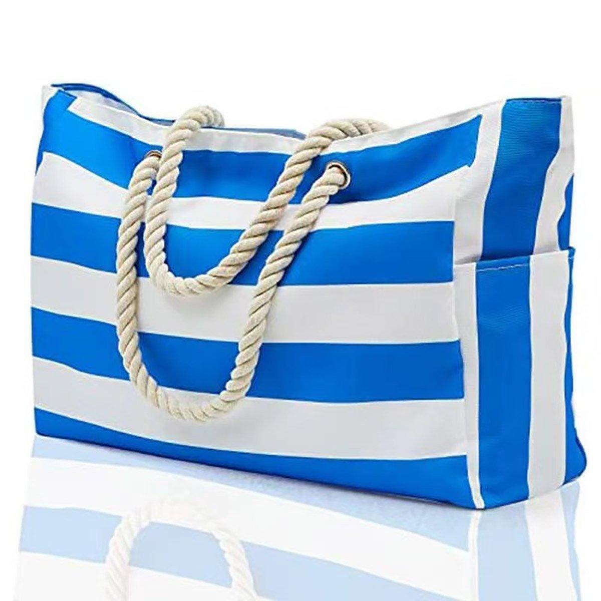 Large Bohemian Striped Canvas Beach Bag Zipper Tote for Travel Outdoor Vacation - Blue