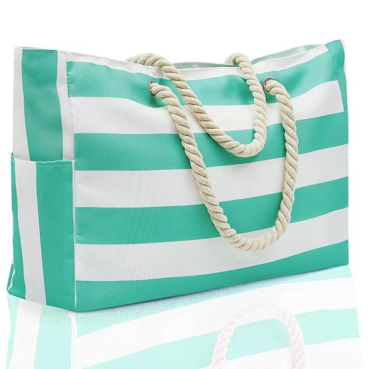 Large Bohemian Striped Canvas Beach Bag Zipper Tote for Travel Outdoor Vacation - Blue