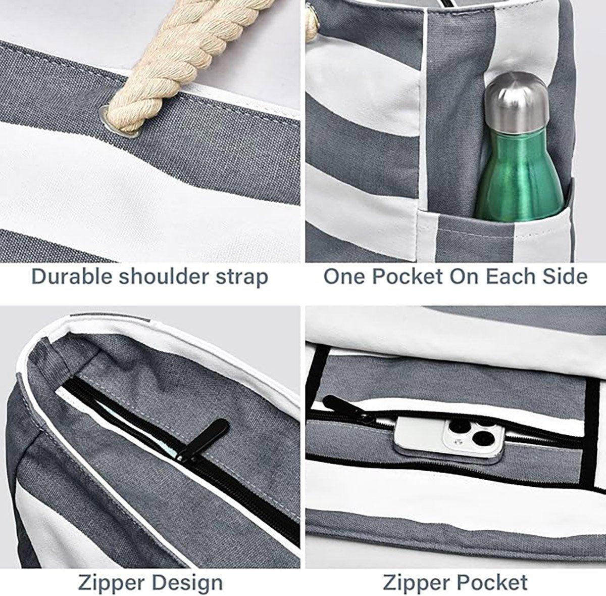 Large Bohemian Striped Canvas Beach Bag Zipper Tote for Travel Outdoor Vacation - Grey