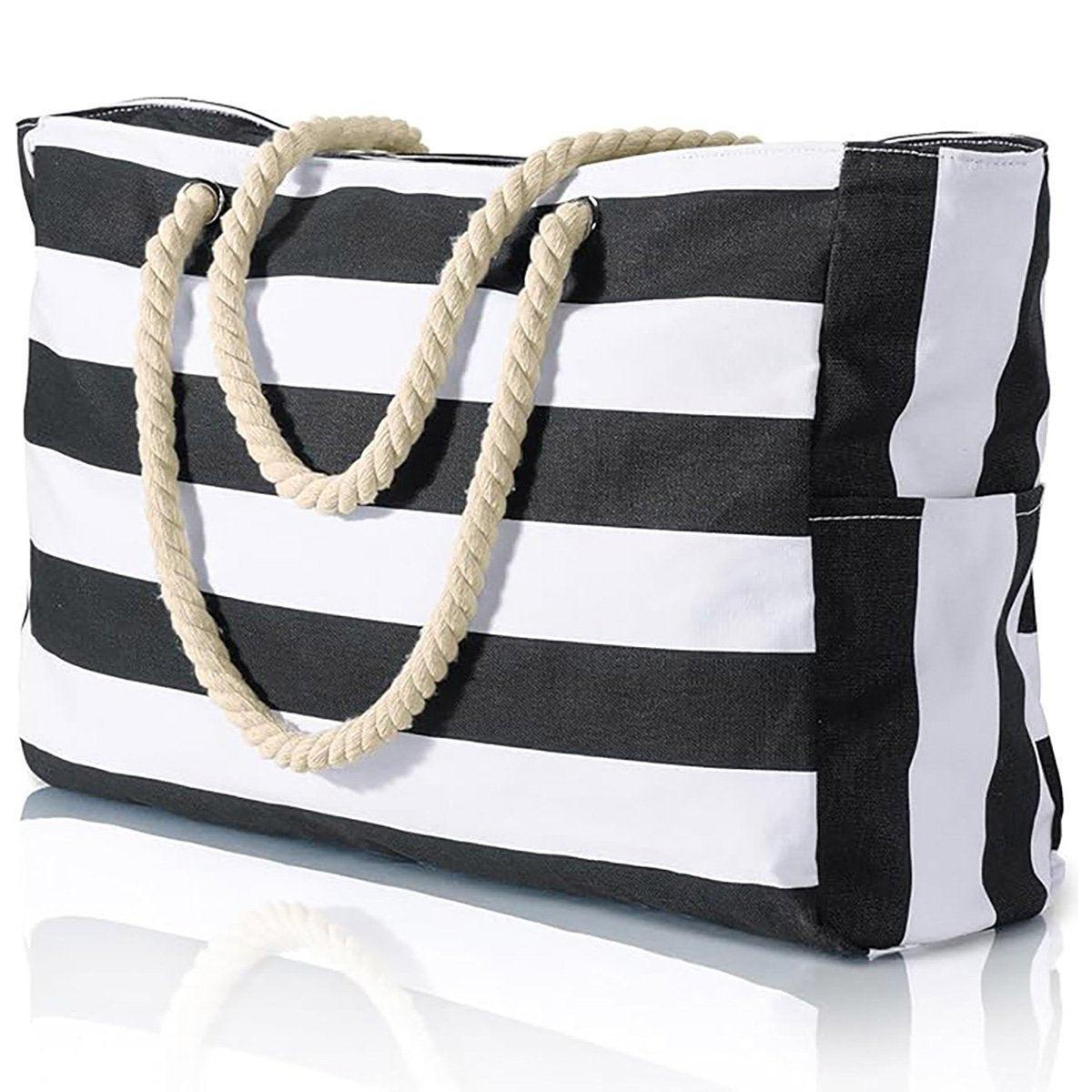 Large Bohemian Striped Canvas Beach Bag Zipper Tote for Travel Outdoor Vacation - Grey