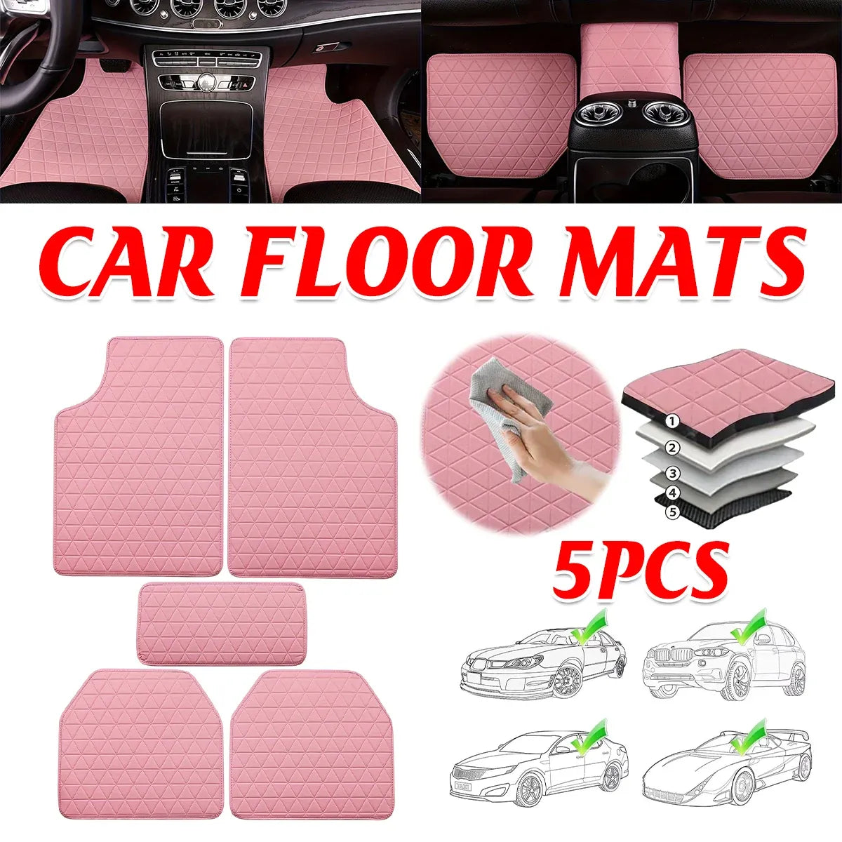 5Pcs Car Floor Mat Universal PVC Leather Carpet Vehicle Protective Floor Mat