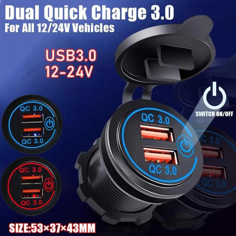 1× Dual USB Car Charger QC 3.0 Quick Charge 12V-24V Power Outlet - Blue