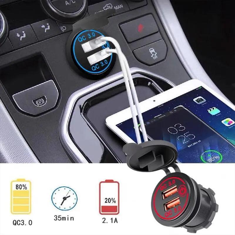 1× Dual USB Car Charger QC 3.0 Quick Charge 12V-24V Power Outlet - Blue