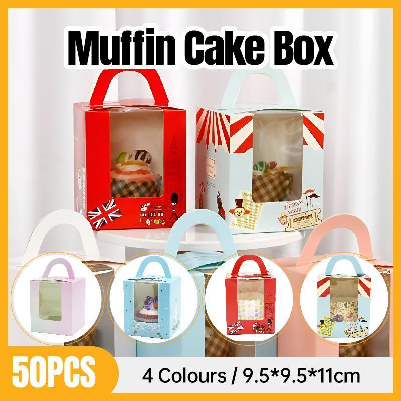 50x Assorted Color Muffin Cake Boxes with Clear Window &amp; Handle High Quality - England style-50PCS