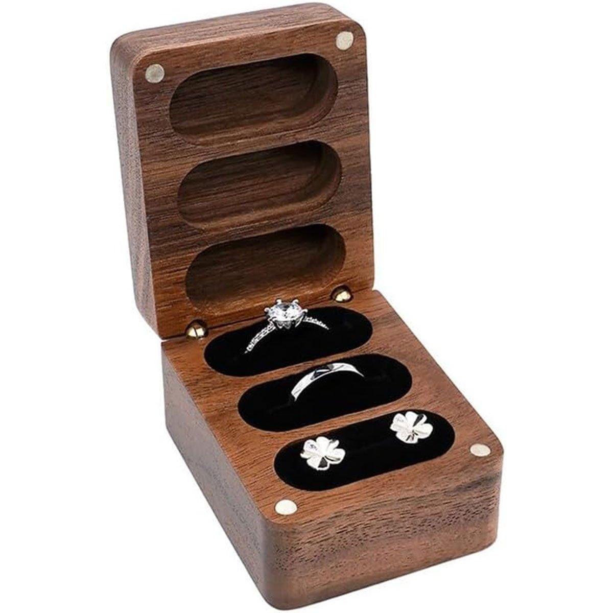 Wooden Ring Jewellery Box High Storage Box with Three Compartments for Rings
