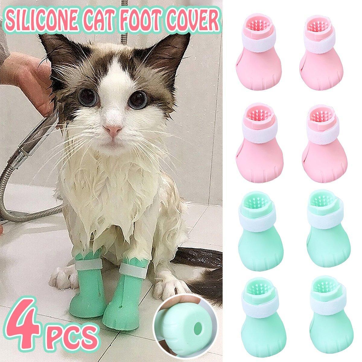 4pcs Cat Bathing Grooming Anti-Scratch Silicone Pet Socks for Bathing Feeding - Green
