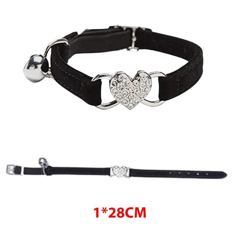 Suede Cat Collar with Adjustable Elastic Bell and Heart Charm for Kittens - Black