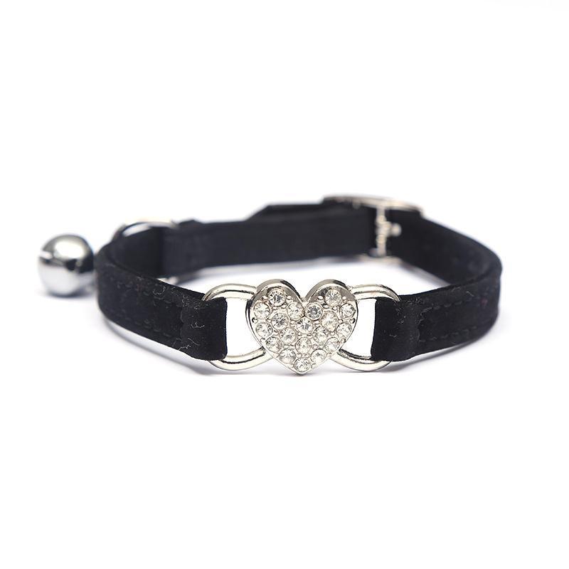 Suede Cat Collar with Adjustable Elastic Bell and Heart Charm for Kittens - Black
