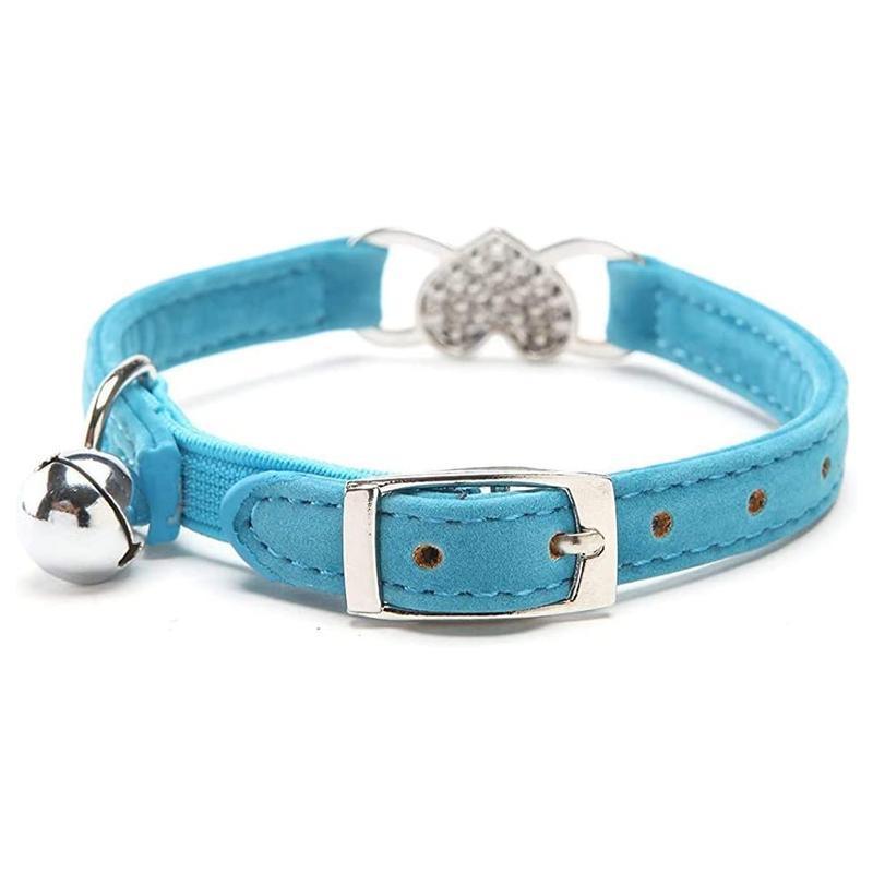 Suede Cat Collar with Adjustable Elastic Bell and Heart Charm for Kittens - Blue
