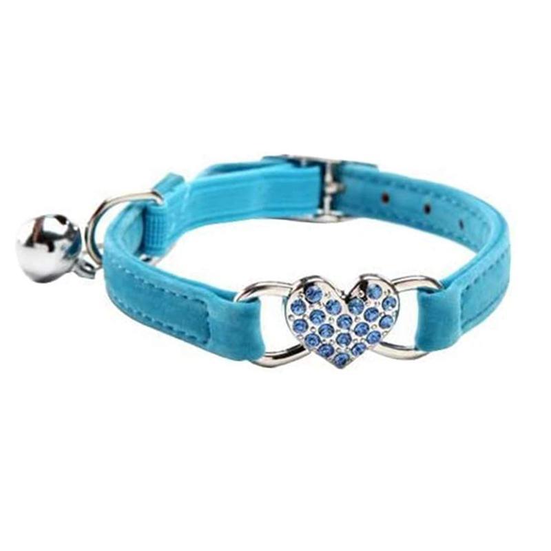 Suede Cat Collar with Adjustable Elastic Bell and Heart Charm for Kittens - Blue