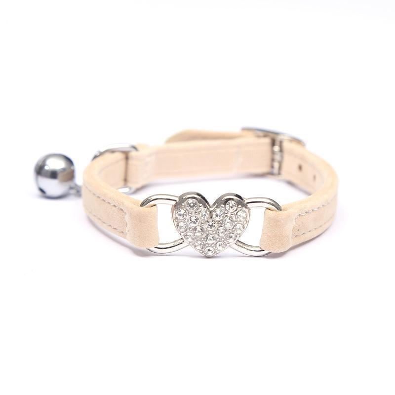 Suede Cat Collar with Adjustable Elastic Bell and Heart Charm for Kittens - Pink