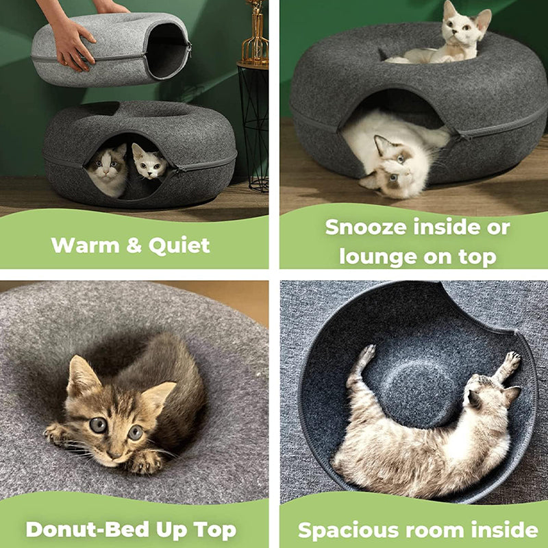 Felt Cat Tunnel Bed Donut Cave Nest for Kittens and Small Pets 50x30cm - Dark Grey