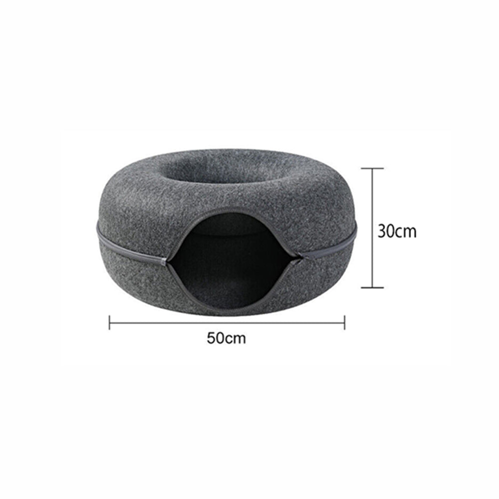 Felt Cat Tunnel Bed Donut Cave Nest for Kittens and Small Pets 50x30cm - Light Grey