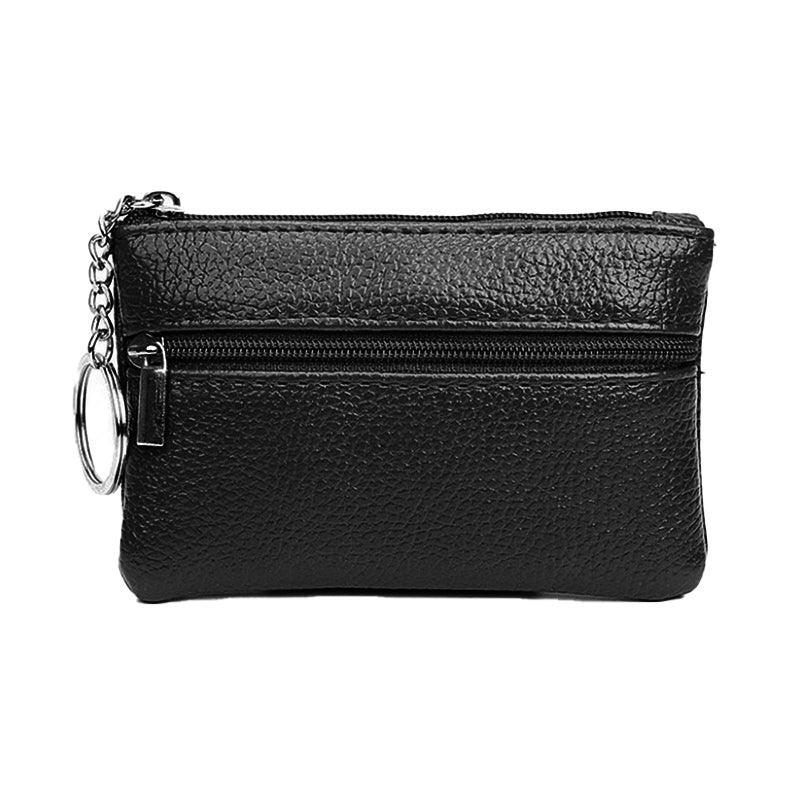 Coin Small Change Bag Card Wallet Pouch Zip Up Women Key Ring Leather Mini Purse - Black