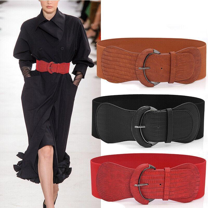 Faux Leather Cinch Waist Belt with Buckle for Women Stretch Wide Elastic Dress Belt - Black
