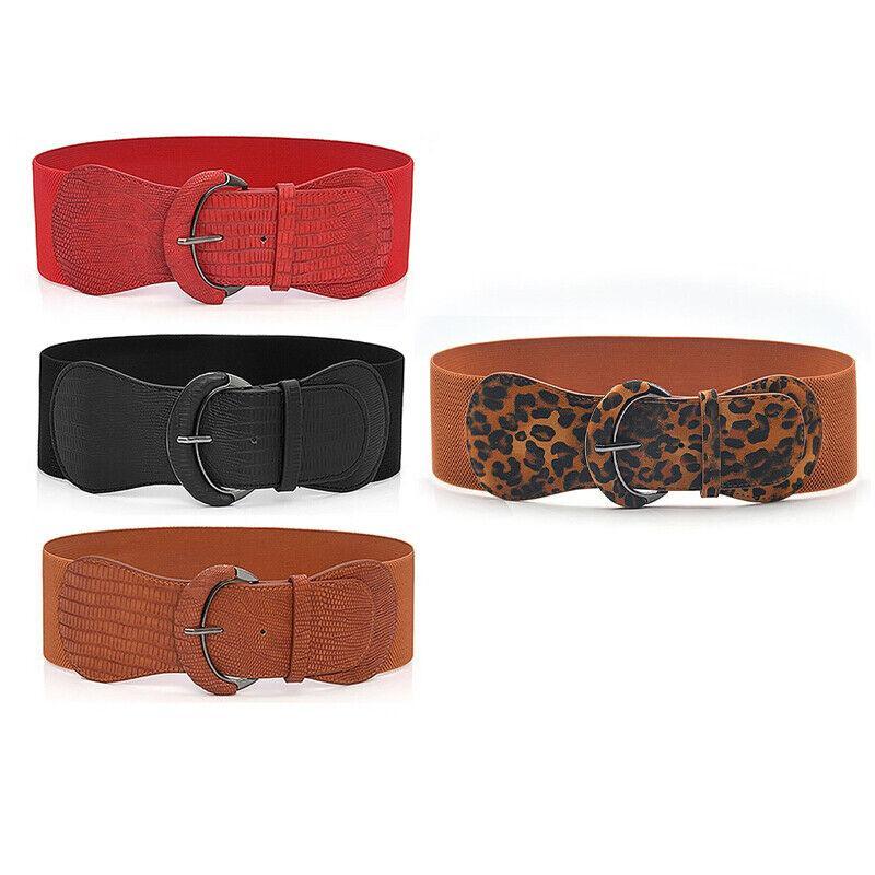 Faux Leather Cinch Waist Belt with Buckle for Women Stretch Wide Elastic Dress Belt - Leopard
