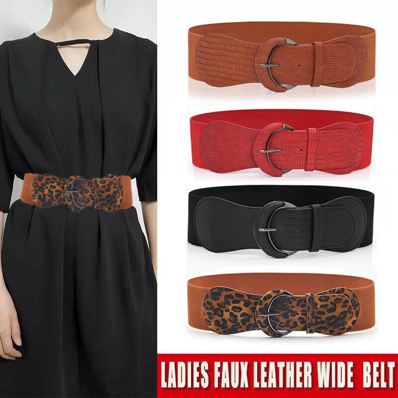 Faux Leather Cinch Waist Belt with Buckle for Women Stretch Wide Elastic Dress Belt - Red