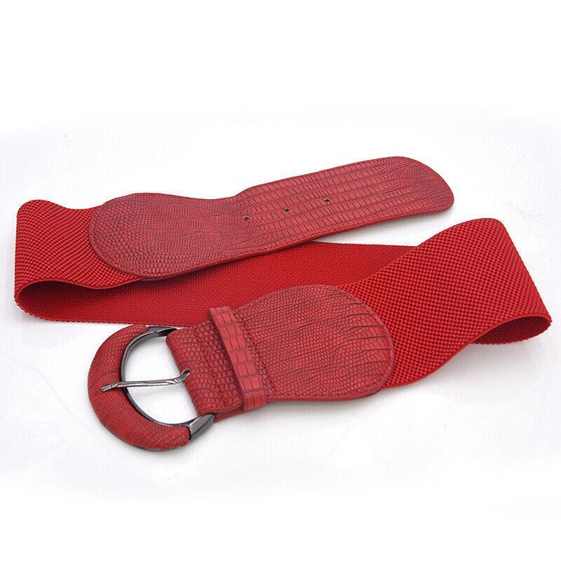 Faux Leather Cinch Waist Belt with Buckle for Women Stretch Wide Elastic Dress Belt - Red