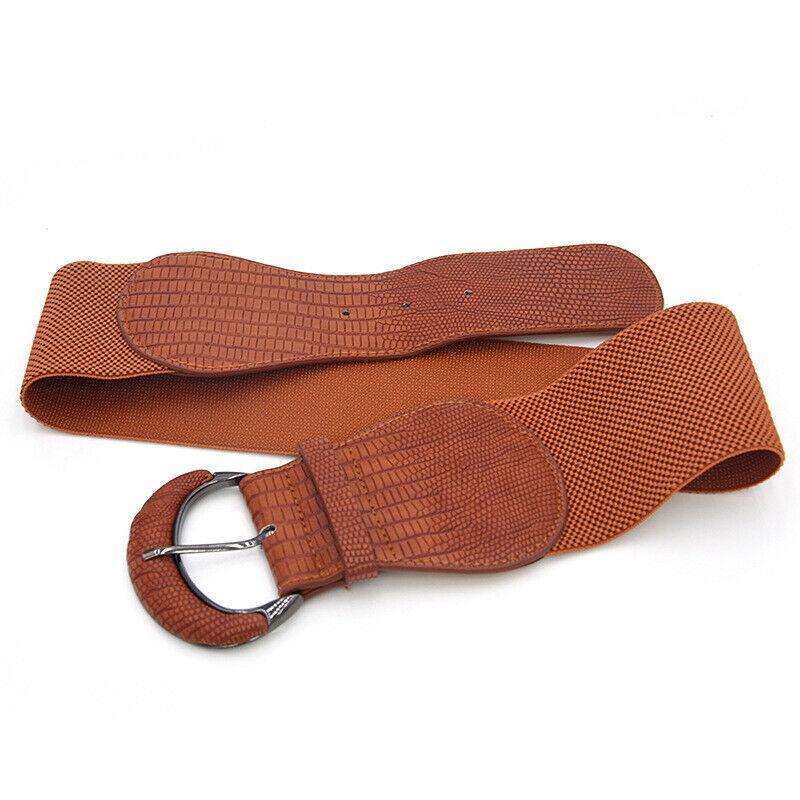 Faux Leather Cinch Waist Belt with Buckle for Women Stretch Wide Elastic Dress Belt - Red